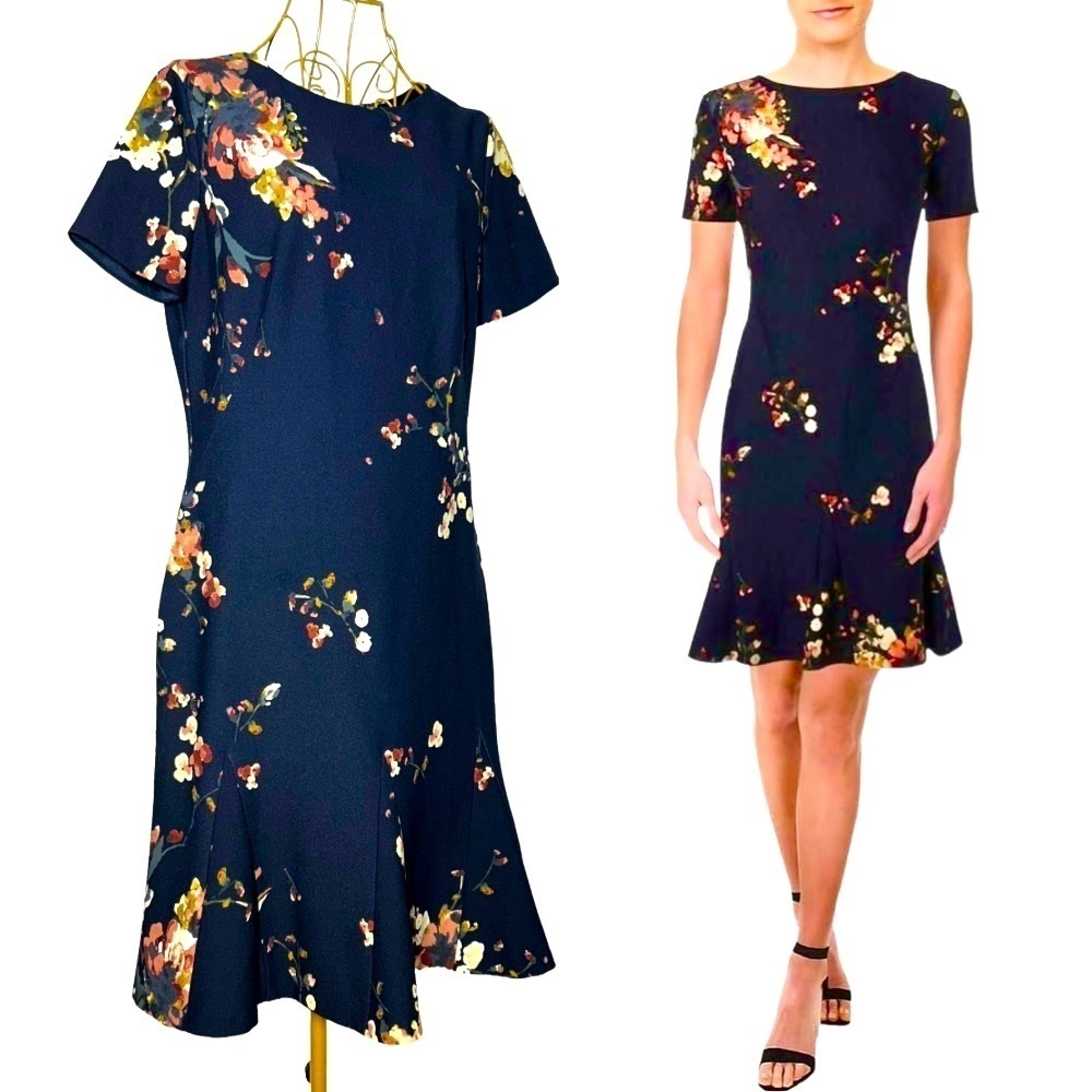 Lauren Ralph Lauren Navy Floral A-Line Knee-Length Short Sleeve Dress, M (10)